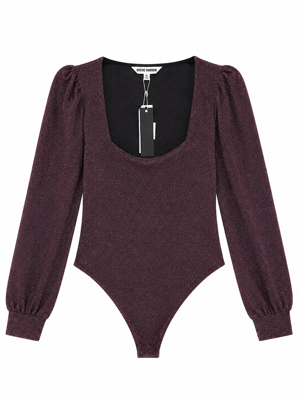 Steve Madden Sparkly Burgundy Square Neck Long-Sleeve Bodysuit